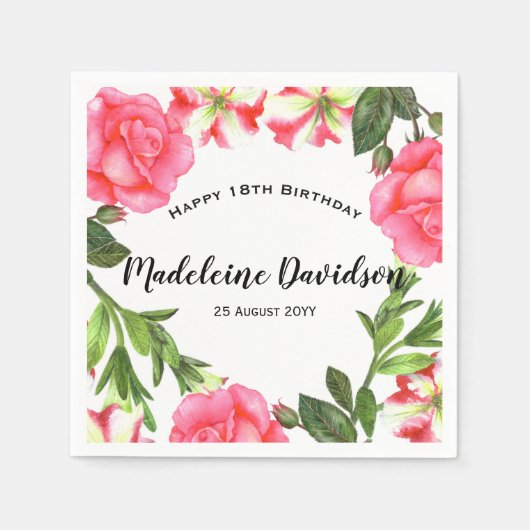 水彩赤とピンクの花リースデザイン スタンダードカクテルナプキン (正面)
