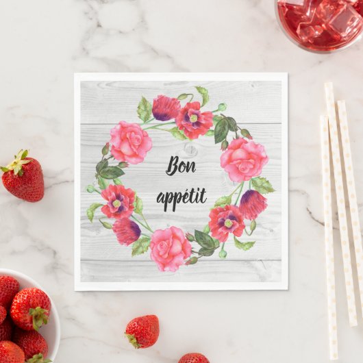 水彩赤とピンクの花リースデザイン スタンダードランチョンナプキン (インサイチュ)