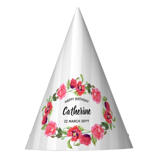 水彩赤とピンクの花リースデザイン パーティーハット (正面)