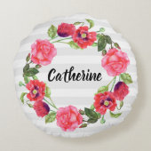 水彩赤とピンクの花リースデザイン ラウンドクッション (裏面)