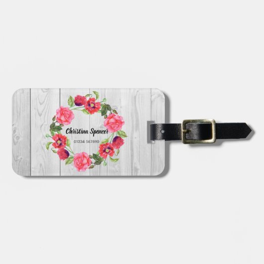 水彩赤とピンクの花リースデザイン ラゲッジタグ (正面横)