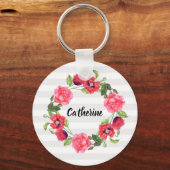 水彩赤とピンクの花リース円 キーホルダー (正面)