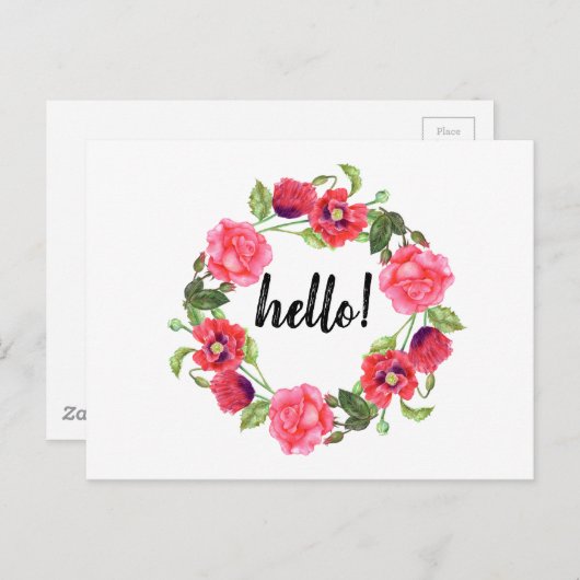 水彩赤とピンクの花リース円 ポストカード (正面/裏面)
