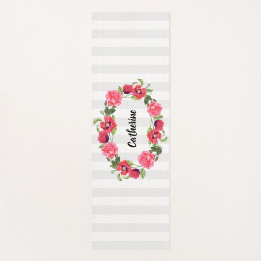 水彩赤とピンクの花リース楕円デザイン ヨガマット (正面)