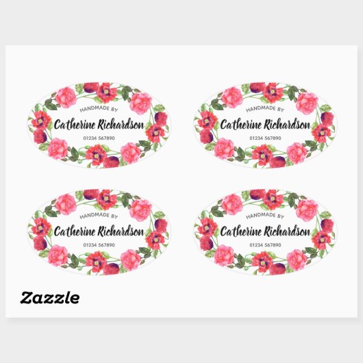 水彩赤とピンクの花リース楕円デザイン 楕円形シール (シート)