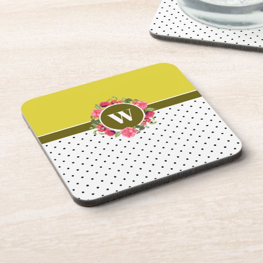 水彩赤とピンクの花リース水玉模様 コースター (左側)