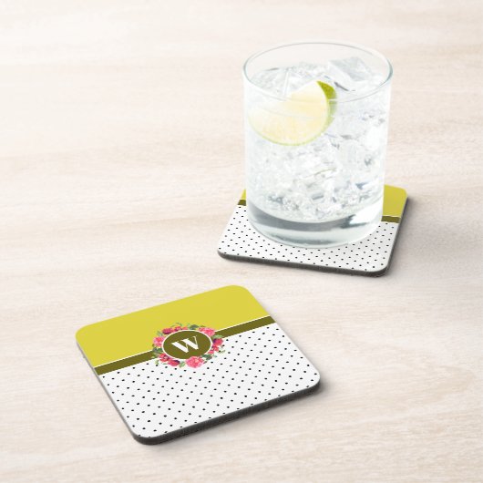 水彩赤とピンクの花リース水玉模様 コースター (右側)