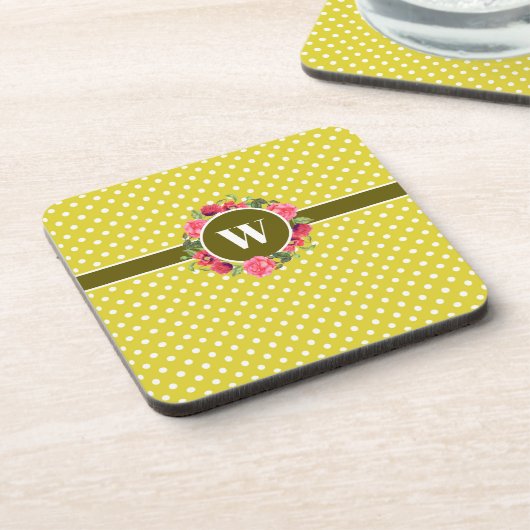 水彩赤とピンクの花リース水玉模様 コースター (左側)