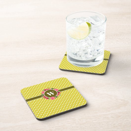 水彩赤とピンクの花リース水玉模様 コースター (右側)