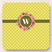 水彩赤とピンクの花リース水玉模様 コースター (正面)