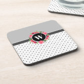 水彩赤とピンクの花リース水玉模様 コースター (左側)