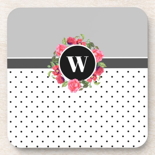 水彩赤とピンクの花リース水玉模様 コースター (正面)