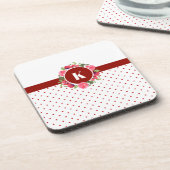 水彩赤とピンクの花リース水玉模様 コースター (左側)