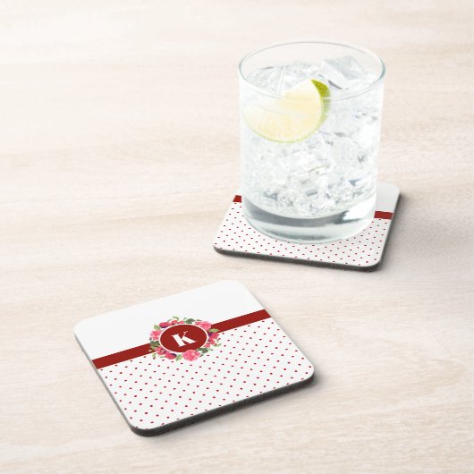 水彩赤とピンクの花リース水玉模様 コースター (右側)