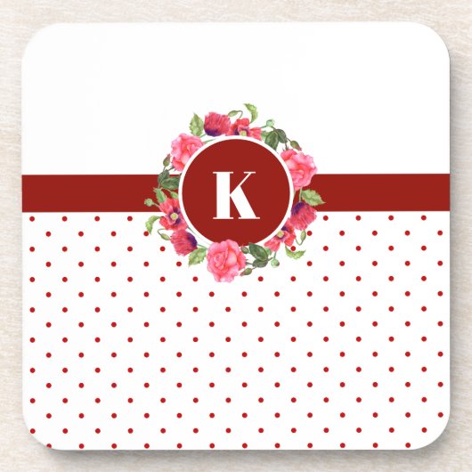 水彩赤とピンクの花リース水玉模様 コースター (正面)