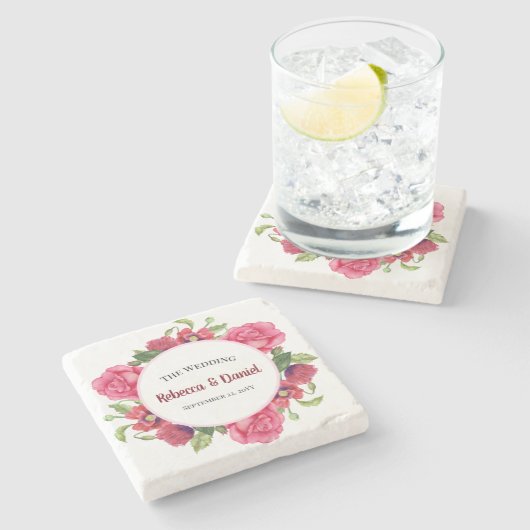 水彩赤とピンクの花リース結婚ズ ストーンコースター (横)