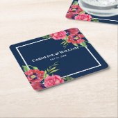 水彩赤とピンクの花濃紺 スクエアペーパーコースター (アングル)