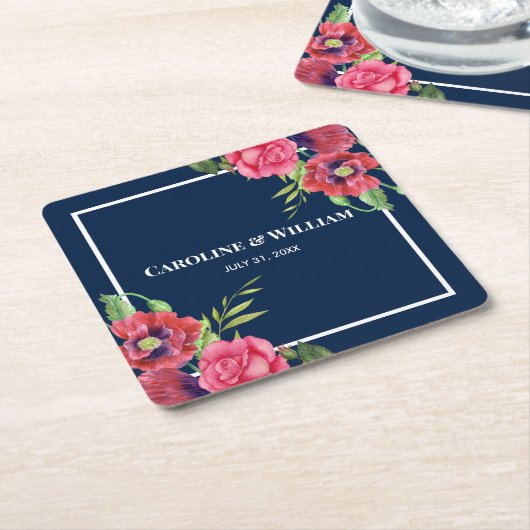 水彩赤とピンクの花濃紺 スクエアペーパーコースター (アングル)