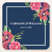 水彩赤とピンクの花濃紺 スクエアペーパーコースター (正面)