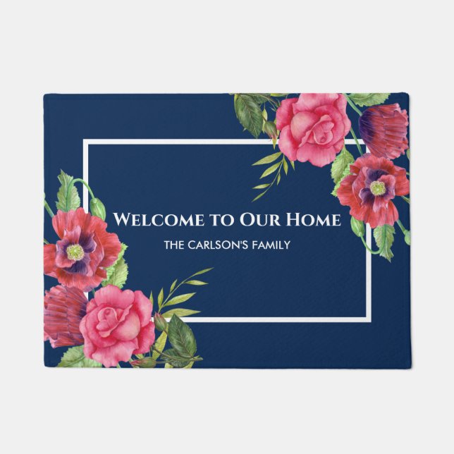 水彩赤とピンクの花濃紺 ドアマット (正面)
