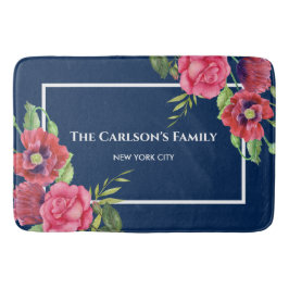 水彩赤とピンクの花濃紺 バスマット