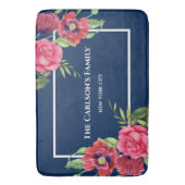 水彩赤とピンクの花濃紺 バスマット (正面縦)