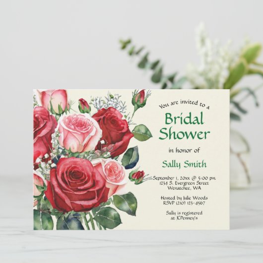 水彩赤とピンクローズブライダルシャワー 招待状 (スタンド正面)