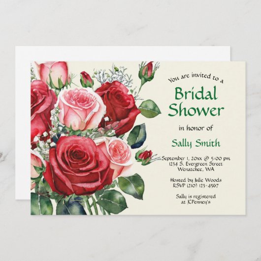 水彩赤とピンクローズブライダルシャワー 招待状 (正面/裏面)