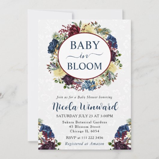 水彩赤と海軍の冬のリース赤ちゃんシャワー 招待状 (正面)