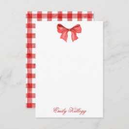水彩赤と白のギンガムボウ サンキューカード