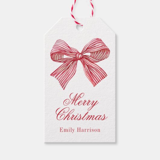 水彩赤と白弓ストライプの ギフトタグ (正面)