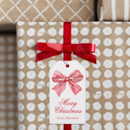 水彩赤と白弓ストライプの ギフトタグ