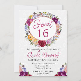 水彩赤と紫のリース甘い16 招待状