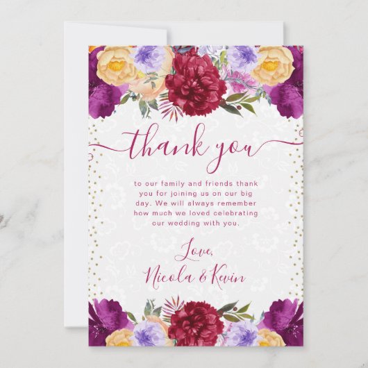 水彩赤と紫の結婚花 サンキューカード (正面)