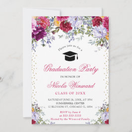 水彩赤と紫の花の卒業作品 招待状