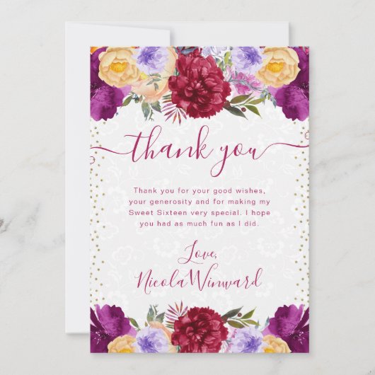 水彩赤と紫の花甘い16 サンキューカード (正面)