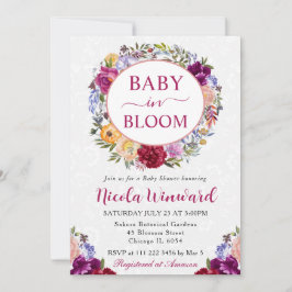 水彩赤と紫の花輪のベビーシャワー 招待状