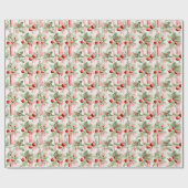 水彩赤と緑のクリスマスボタニカルパターン ラッピングペーパー (フラット)