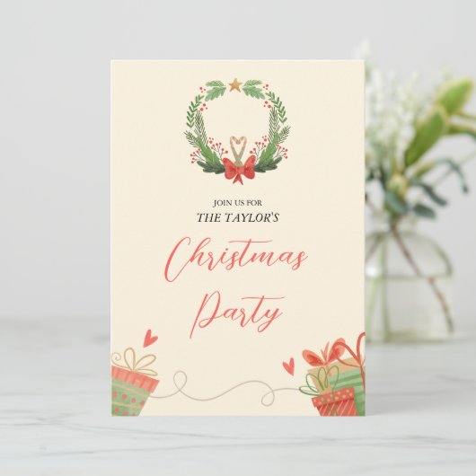 水彩赤と緑のリースクリスマスパーティー 招待状 (スタンド正面)