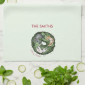 水彩赤と緑の猫のクリスマス キッチンタオル (折り畳み)