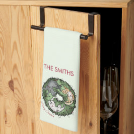 水彩赤と緑の猫のクリスマス キッチンタオル