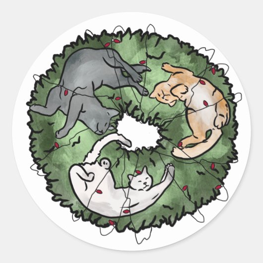 水彩赤と緑の猫のクリスマス ラウンドシール (正面)