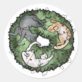 水彩赤と緑の猫のクリスマス ラウンドシール
