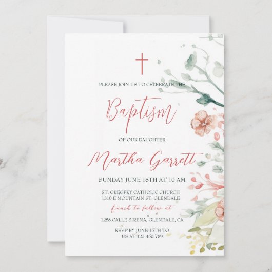 水彩赤と緑の花娘バプテスマ 招待状 (正面)