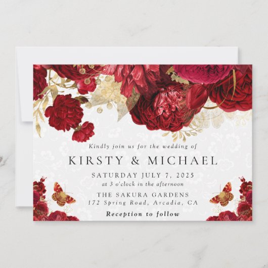 水彩赤と金ゴールド結婚の花 招待状 (正面)