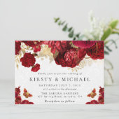 水彩赤と金ゴールド結婚の花 招待状 (スタンド正面)