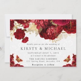 水彩赤と金ゴールド結婚の花 招待状
