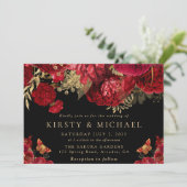 水彩赤と金ゴールド結婚の花 招待状 (スタンド正面)