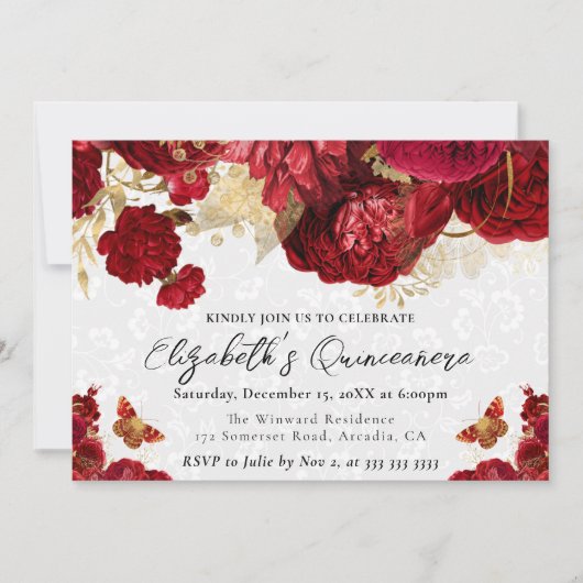 水彩赤と金ゴールド花キンセアニェラ 招待状 (正面)