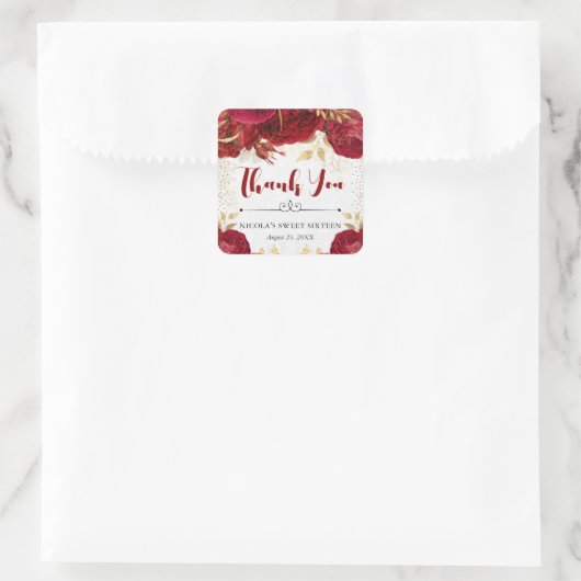 水彩赤と金ゴールド花甘16 スクエアシール (バッグ)